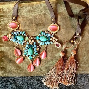 Necklace, Statement Bib Necklace, leather tassales, Jeweled, Bohemian NWOT